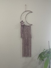 Crescent Moon Macrame Wall Hanging with Beads and Tassels, Mauve/rose