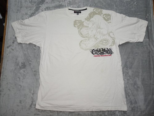 Ecko Unltd. Men's XXL White Graphic T-Shirt Cotton Rhino Roses Embroidered