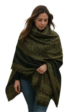 Black & Olive Thick 4-Ply Reversible Paisley Pashmina Shawl