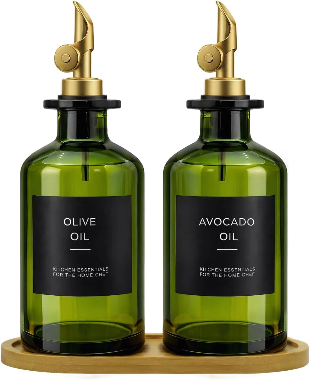 Olive Oil Dispenser Set, 2 X 11.8Oz Deep Green Glass Bottles with Auto-Flip Spou