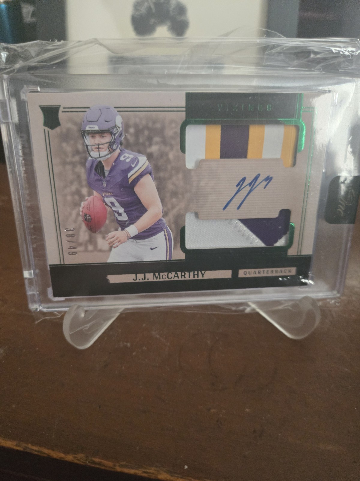 2024 Panini One JJ MCCARTHY On Card RC AUTO Encased Green /49 Rookie RPA