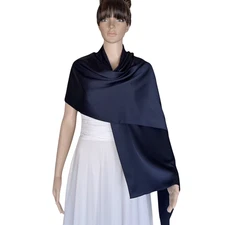 Navy Blue Satin Silk Shawl. Handmade Long Scarf. Wrap Scarf.
