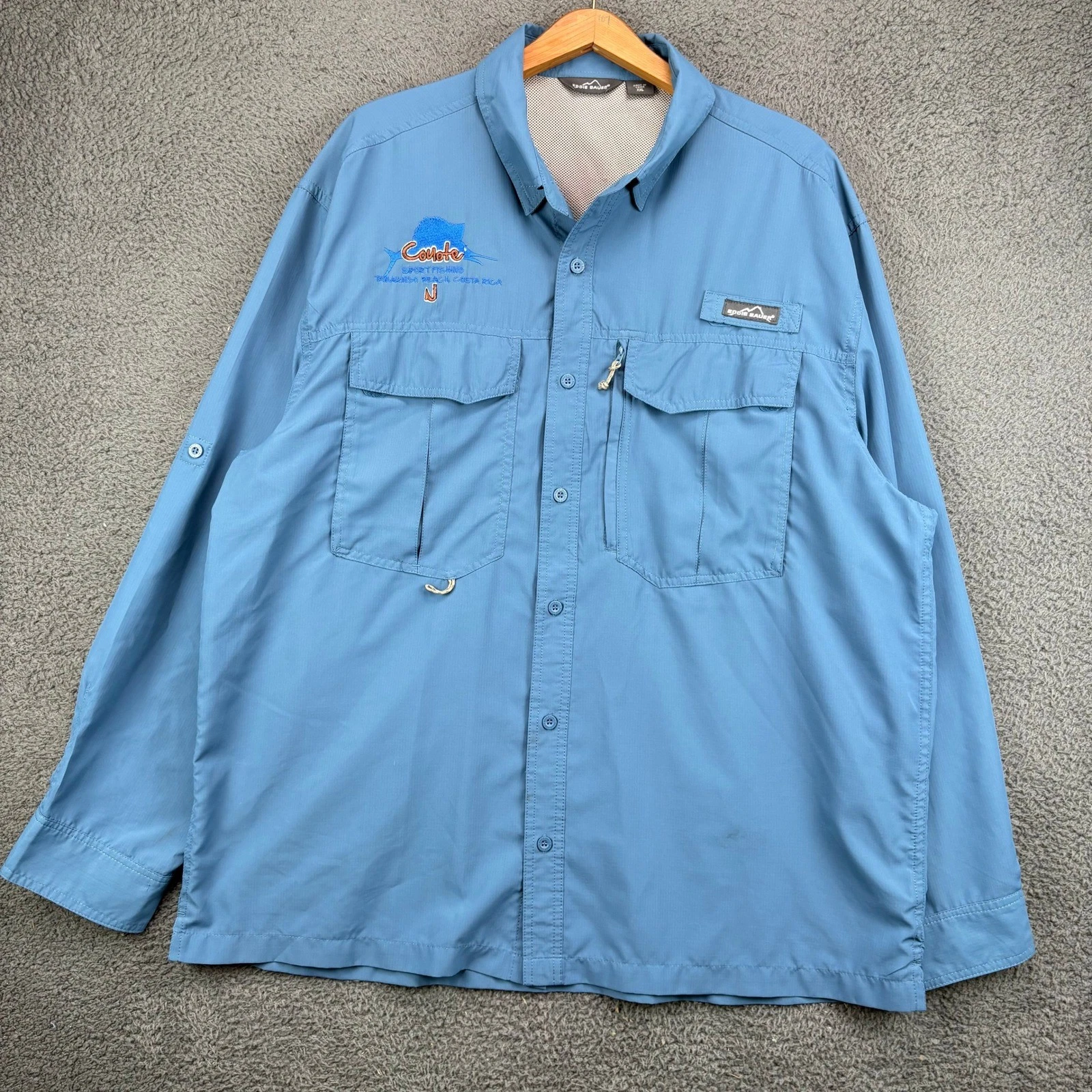 Eddie Bauer Mens XXL Blue Long Sleeve Ripstop Fishing Shirt Coyote Sportfishing