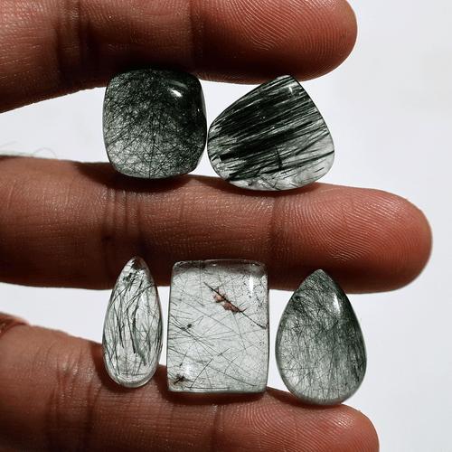 Forest Needles~ 5 PC Natural Green Rutile Quartz 17mm-20mm Cabochon Gemstone Lot - Picture 7 of 13