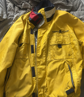 Tommy Hilfiger Men's Yellow Nylon Zip Rain Coat Jacket Logo Stand-Up L