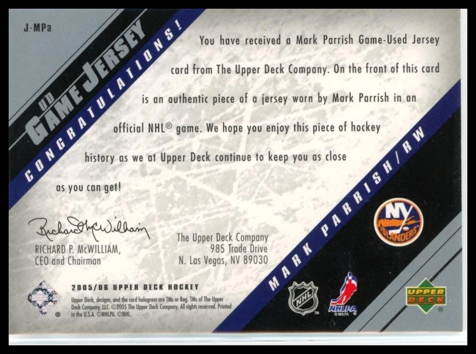 Mark Parrish - 2005-06 UD Game Jerseys Series One #J-MPA New York Islanders - Image 2 of 2