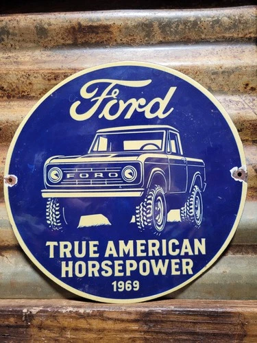 VINTAGE FORD PORCELAIN SIGN OLD 1969 TRUE AMERICAN HORSEPOWER TRUCK SERVICE 12"