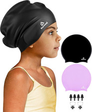 2 Pack Kids Extra Large Swim Cap for Long Thick Hair, Waterproof Silicone Swimmi
