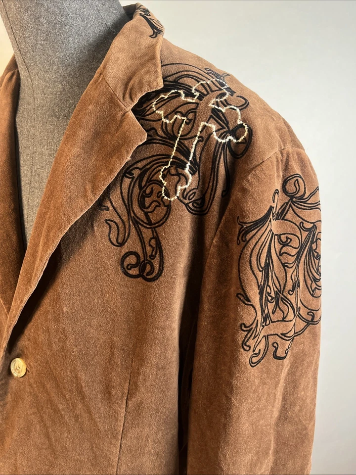 ROAR VELVET Blazer Jacket Mens Sz 3XL Brown Graphic Print Two Button Elbow Patch - Image 2 of 4