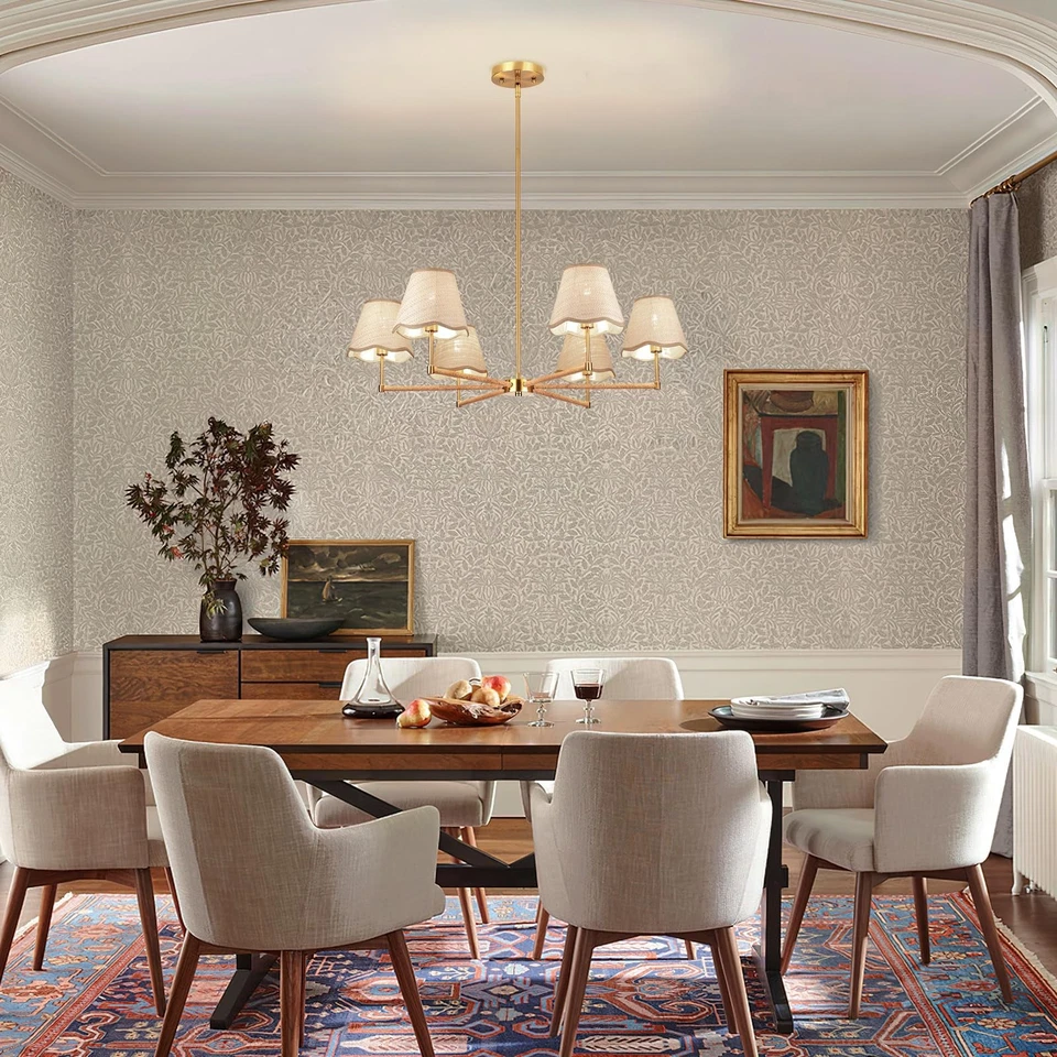 Lámpara de araña boho de ratán, lámpara de techo colgante dorada de 6 luces, ajustable... Foto 3 de 4