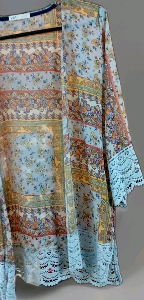 Jolt Kimono Cardigan Small Boho Sheer Patchwork Lace Trim Festival Hippie Top - Image 3 of 4