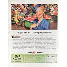 A&P Supermarket 1942 Vintage Print Ad Retro Grocery Store Photo Woman Shopping