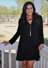 New Womens BLACK KEYHOLE BOHO BABYDOLL POCKETS RELAXED FIT DRESS TUNIC S M L