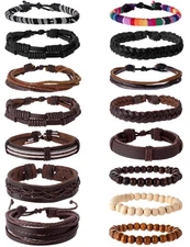 Tornito 15Pcs Braided Leather Bracelet Boho Cuff Adjustable (14 inches), Wood 
