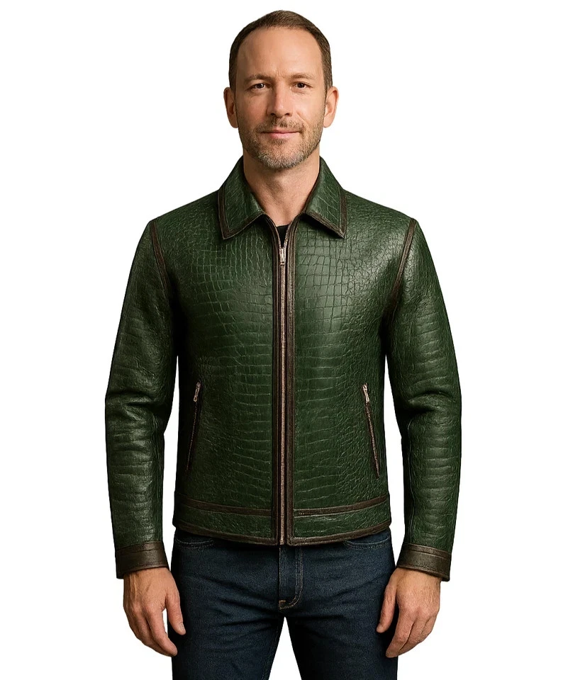 Men’s Crocodile Pattern Embossed Leather Biker Jacket Green Real Luxury coat
