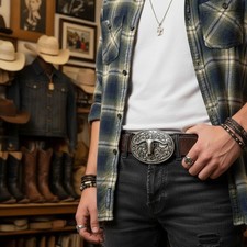 Men Women Belt Buckle Silver Metal Longhorns Bull Oval Filigree Cow Skull Texas