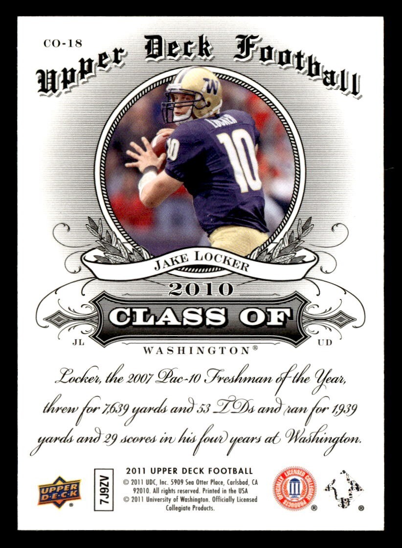 Jake Locker 2011 Upper Deck Class of 2010 Card #CO-18 Washington Huskies