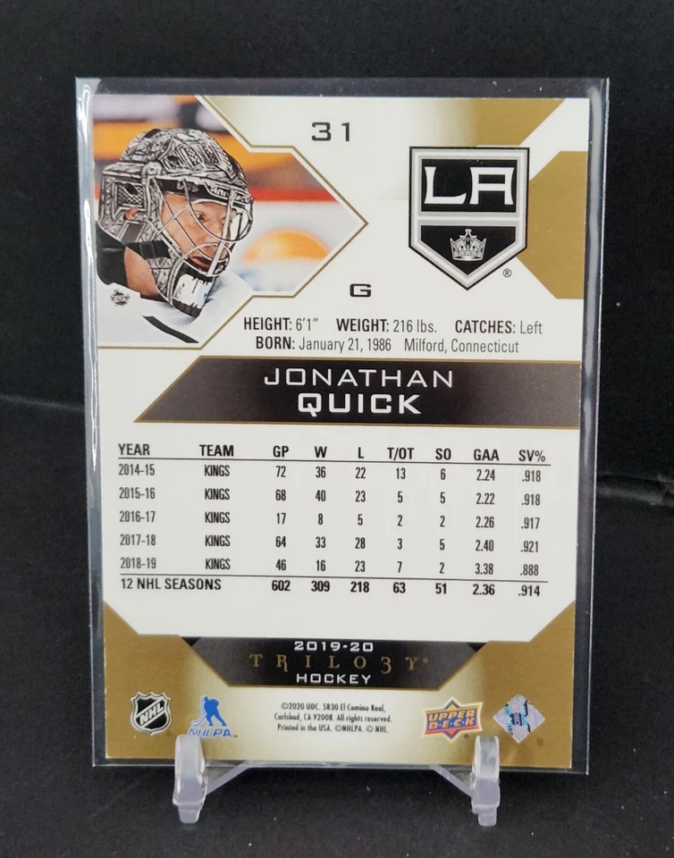  Jonathan Quick 2019-20 Upper Deck Trilogy #31 - Image 2 of 2