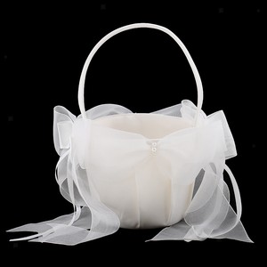 Beige Satin Flower Girl Basket Large Tulle Bow Wedding Party