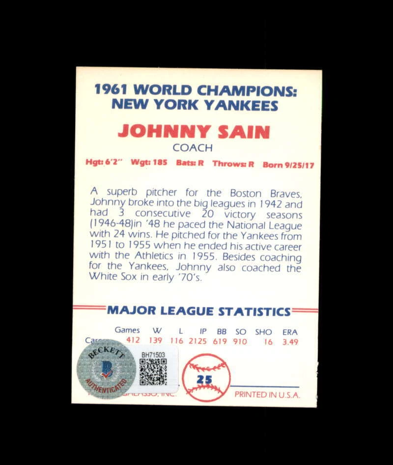 Johnny Sain Beckett BGS Signed 1982 Renata Galasso 1961 WS Autograph - Image 2 of 2