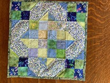 Green Blue White Floral Leaves Flowers Quilted Table Topper Handmade