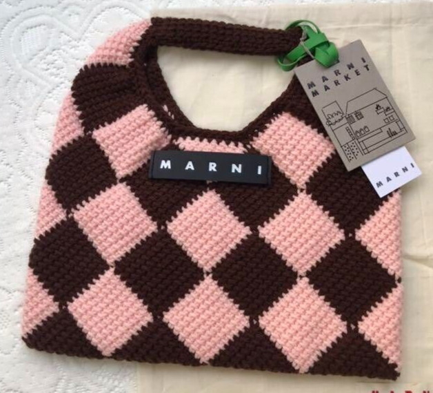 Nuevo Bolso de Mano MARNI Market Teck Lana Pequeño Tejido Marrón Rosa
