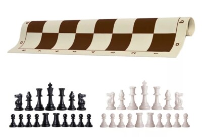 Black & White Chess Set & 20'' Brown Vinyl Board - Tournament Regulation Weighted