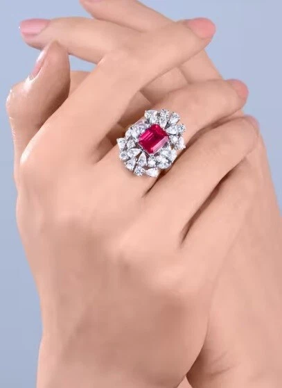 Prong Set Cluster Design 5.10TCW Emerald Cut Pink Ruby & Simulated Sapphire Ring - Image 2 of 4