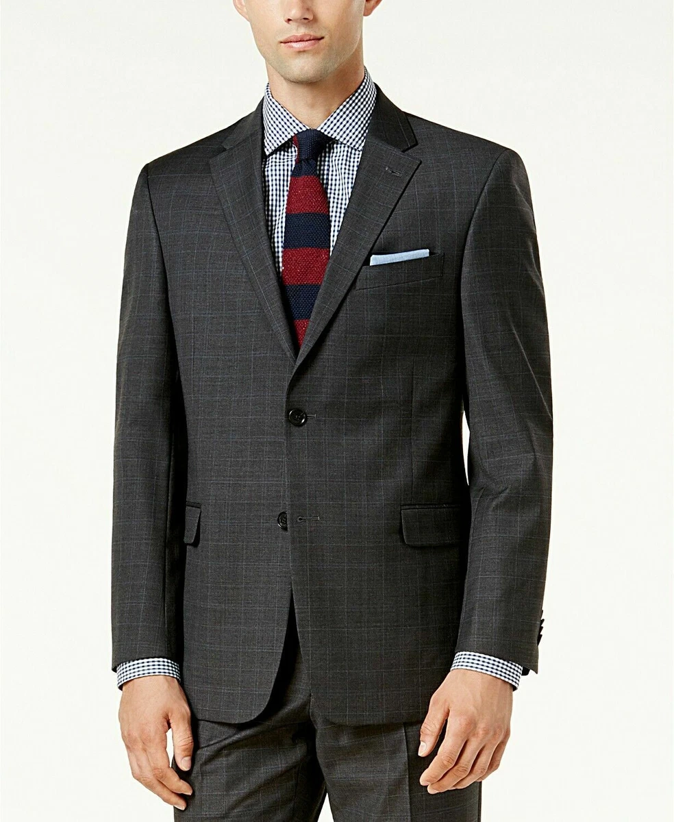 Tommy Hilfiger Men Plaid Suit Jacket Blazer Charcoal Grey Blue