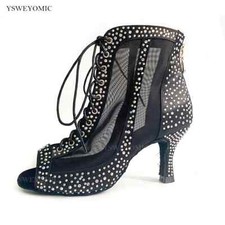 Salsa Rhinestones Dance BootBlack Satin Latin Ballroom Dance Shoes High Heels