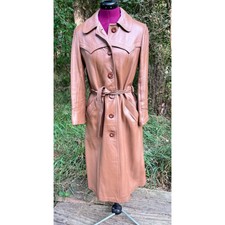 Vintage 1970s Leathers New England Long Belted Leather Trench Coat Size S