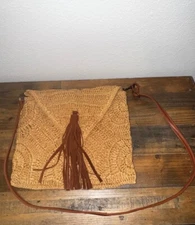 Sun N Sand Straw Woven Tassel Beach Pool Crossbody Bag Beige Brown Spring Summer