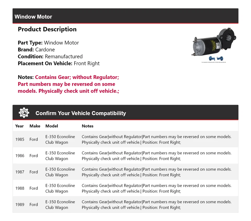 For 1985-1989 Ford E-350 Econoline Club Wagon Window Motor Front Right Cardone - Image 2 of 4