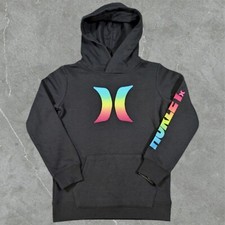 Hurley Black Kangaroo Pocket Long Sleeve Pullover Hoodie Neon Logo Boys Size 6