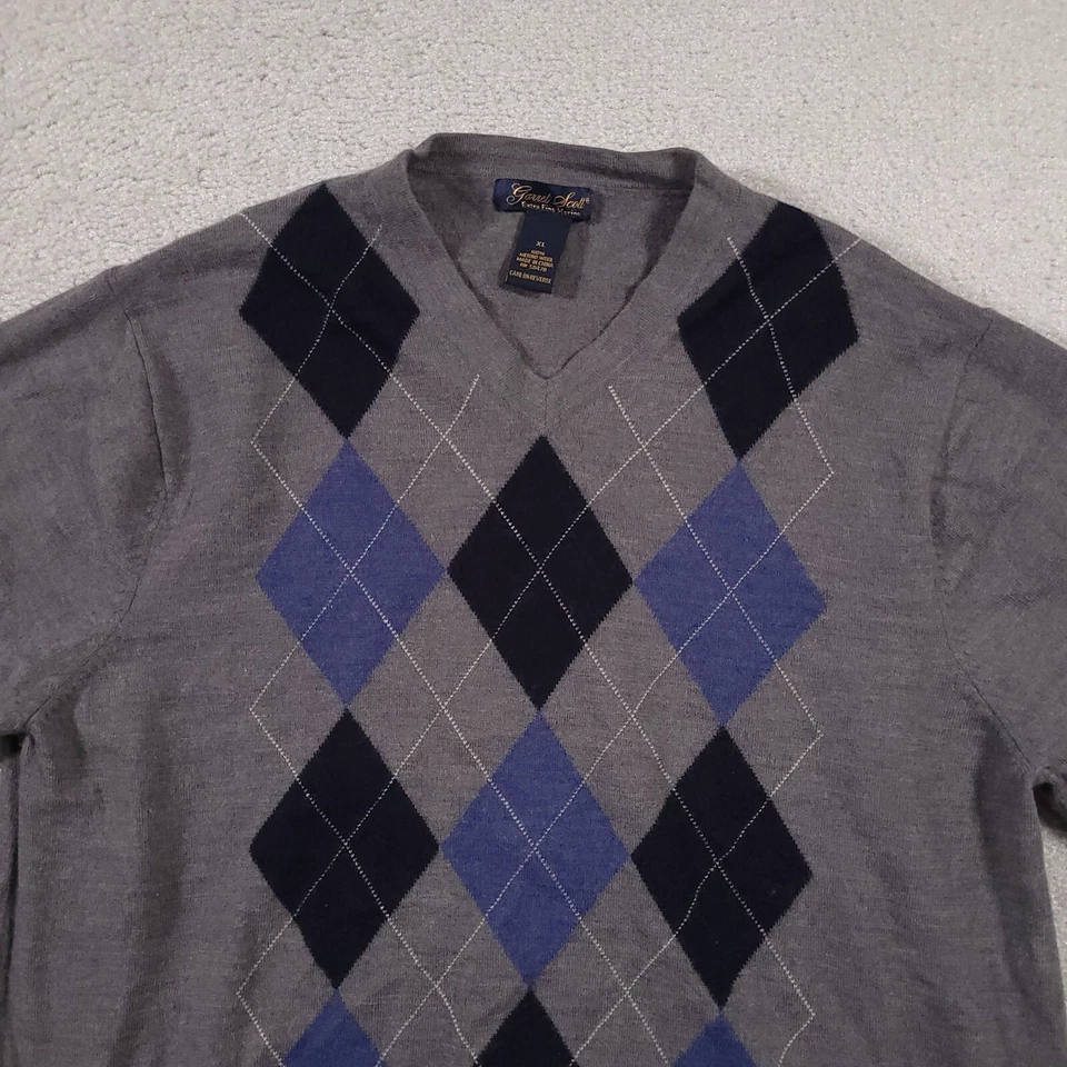 Garret Scott современный крой Argyle свитер v-образным вырезом пуловер экстра тонкий Merino мужской XL - Изображение 3 из 4