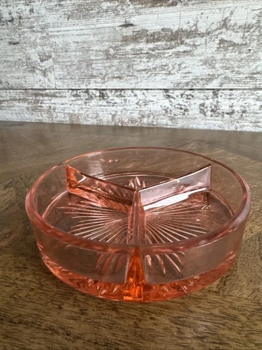Vintage Depression Glass Divided Dish 3 Compartment Relish Nut Candy Dish Pink