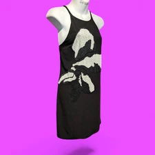 HALSTON HERITAGE black white beaded macro flower embellished mini cocktail 2 #2F