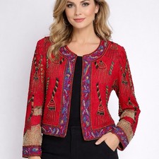 Laurence Kazar Beaded Jacket Silk Sequin Vintage 80s Evening Crop Red PL