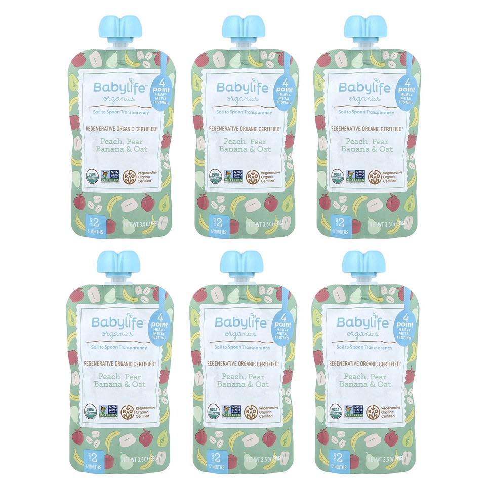 Baby Food, 6+ Months, Peach, Pear, Banana & Oat, 6 Pouches, 3.5 oz (99 g) Each