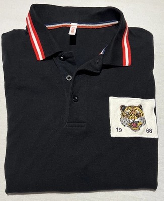 SUN68 Mens Polo Shirt Black Red Trim Tiger Patch Large 68 Patch on Back Cotton