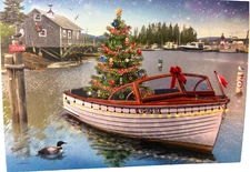 Merry Christmas on the water/ tree/  Boat Leanin Tree Greeting Card