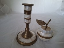 Vintage Set Messing Perlmutt Apfel Dose Kerzenst&auml;nder Handarbeit Deko