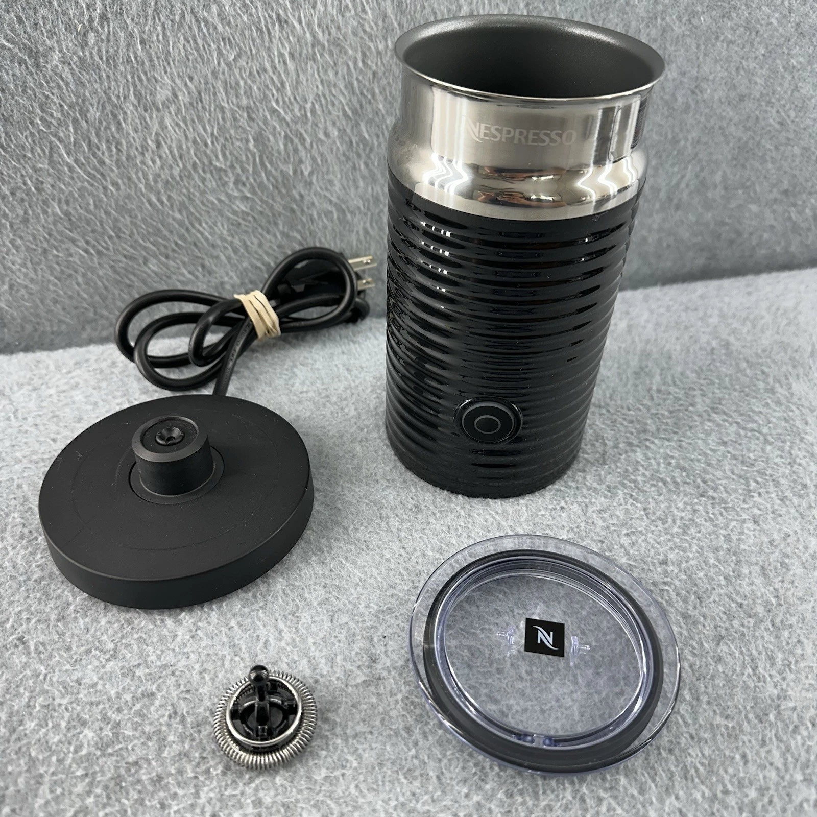 Nespresso Aeroccino 3 Electric Milk Frother Black Stainless 3594 Base Lid Whisk