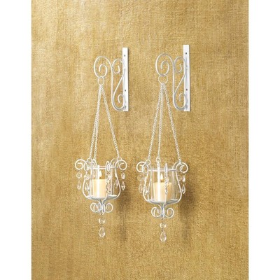 2 WHITE SHABBY HURRICANE CRYSTAL HANGING CANDLE HOLDER WALL HOOKS & SCONCES PAIR