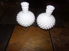 PAIR OF VINTAGE WHITE MILK GLASS HOBNAIL PERFUME BOTTLES - NO STOPPERS