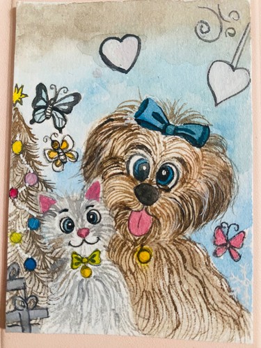 Aceo original painting cat and dog 100% hand painting 2.5 x 3.5 inch Art card