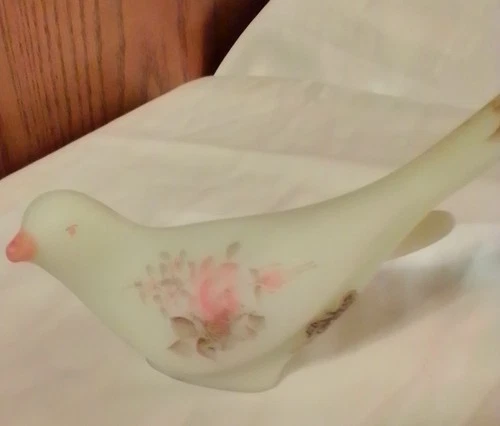 Vintage Fenton Custard Satin Glass Bird Figurine Hand Painted Pink Roses Signed