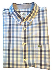 Lacoste Men's-45 Long Sleeve Button Up Shirt Blue White Check Alligator Logo