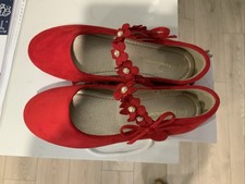 Girls Red Velvet Mary Jane Dress Shoes Floral Pearl Strap w/ Box