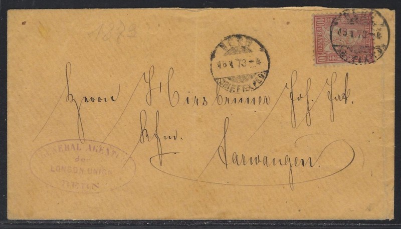 1873 Switzerland Scott # 53 Cover - Bern to Aarwangen via Langenthal
